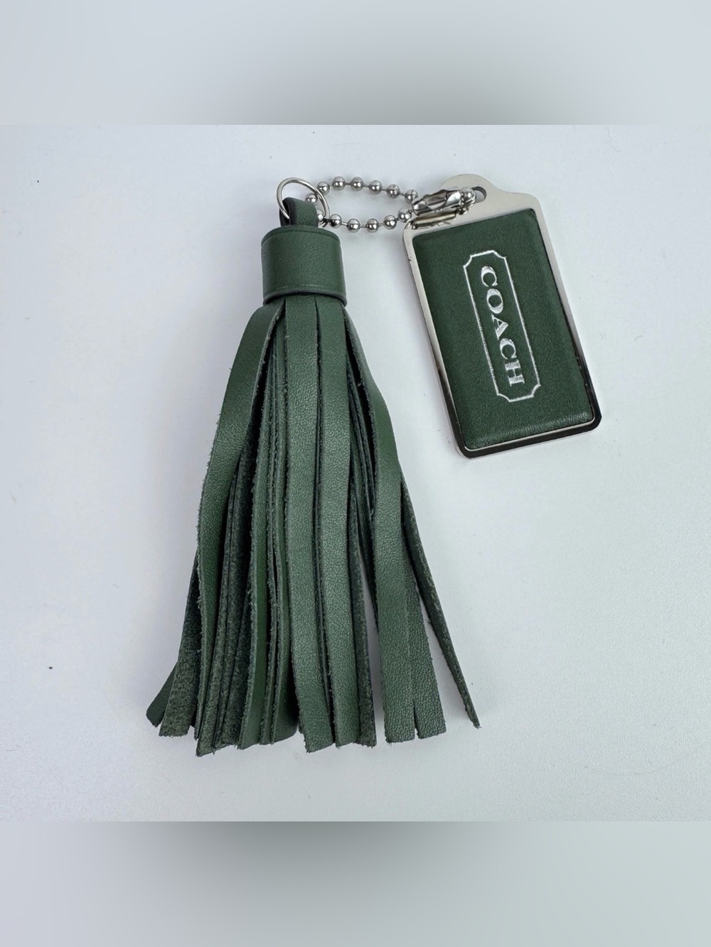 Coach Metal Leather Green Silver 2 1/2" x 1 3/8" Hang Tag/ Leather Tassel Set